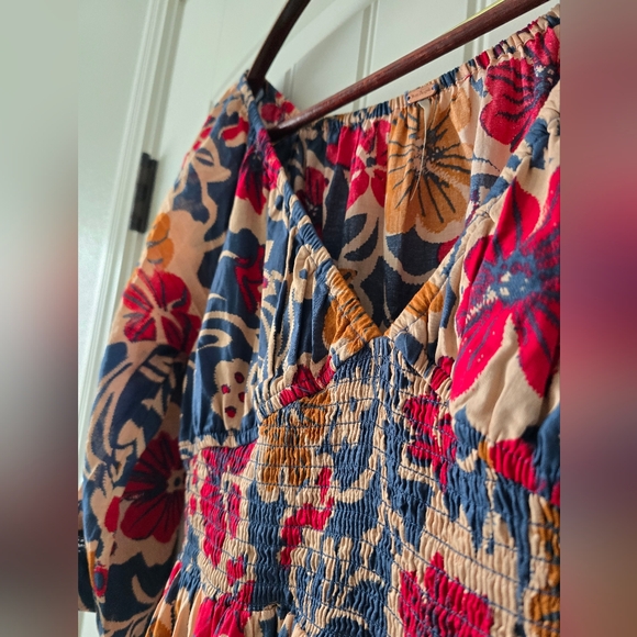 ✨️Free People Printed Maxi Dress Floral Smocked Boho XS Oversized Resort Wear - Picture 8 of 15